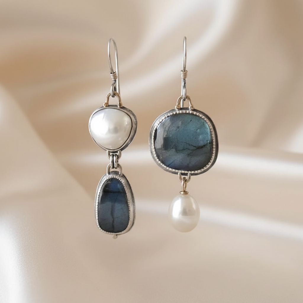 Bohemian Faux Pearl & Blue Stone Dangle Earrings in Alloy