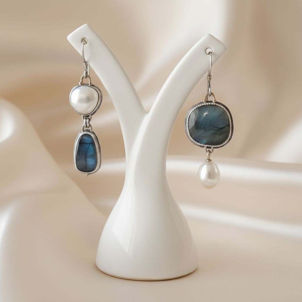 Bohemian Faux Pearl & Blue Stone Dangle Earrings in Alloy