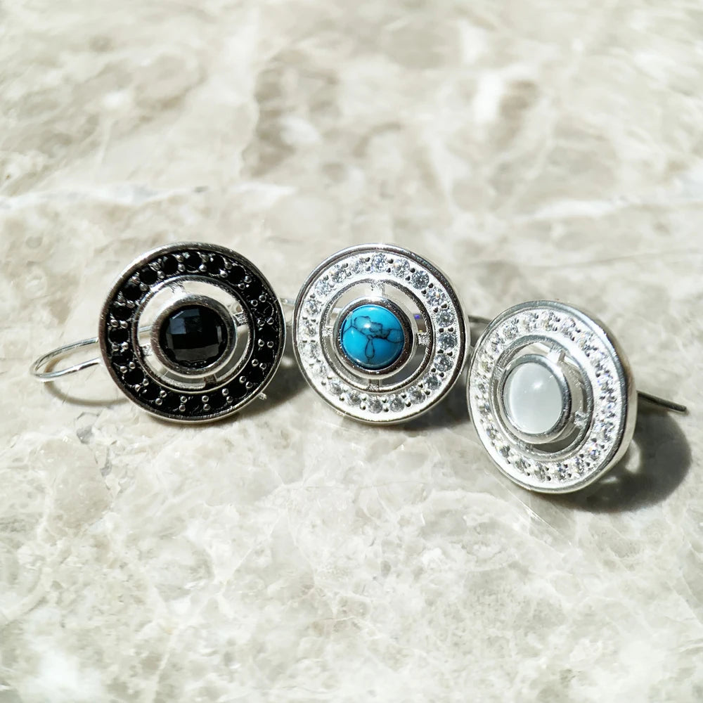 Round Drop Earrings In 925 Sterling Silver with Natural Zircons