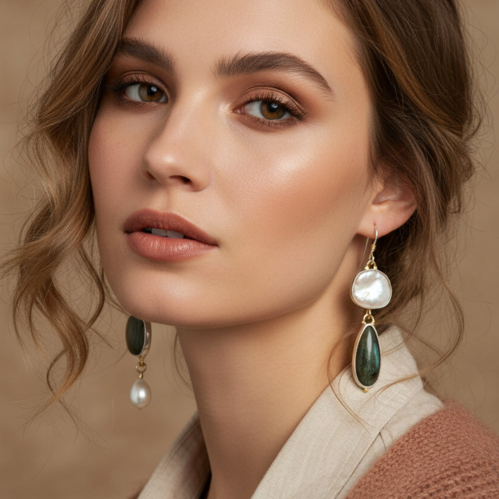 Asymmetric Earrings with Labradorite & Green Gemstone in Zinc Alloy