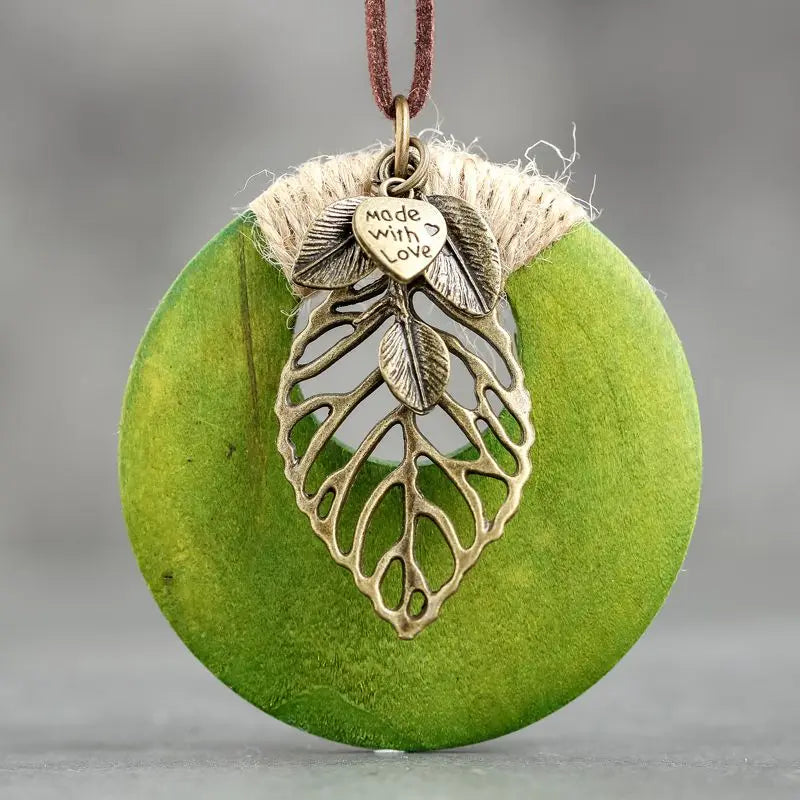 Leather Cord Necklace with Round Wood Leaf Pendant