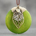 Leather Cord Necklace with Round Wood Leaf Pendant