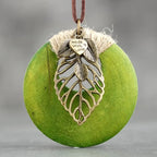 Leather Cord Necklace with Round Wood Leaf Pendant