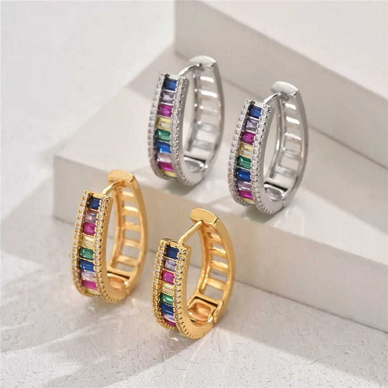 Geometric Hoop Earrings in Zinc Alloy with Colorful Zircons
