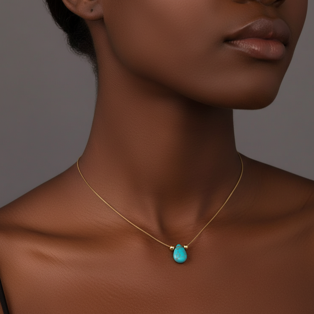 Boho Teardrop Turquoise Pendant Necklace in Stainless Steel