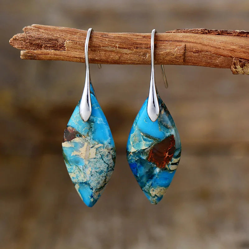 Bohemia Gold Plated Multicolored Natural Stone Leaf Drop Earrings