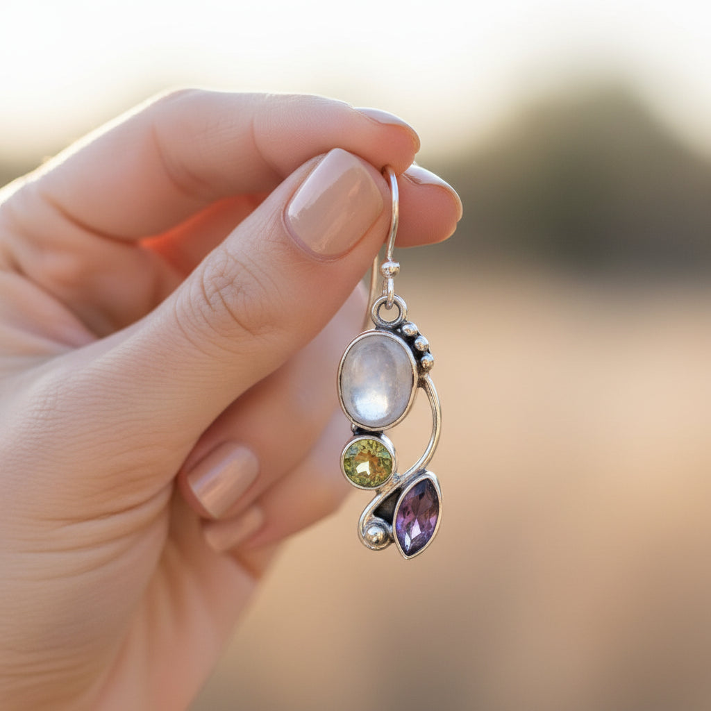 Bohemian Dangle Earrings with Purple, Brown & White Zircon Accents