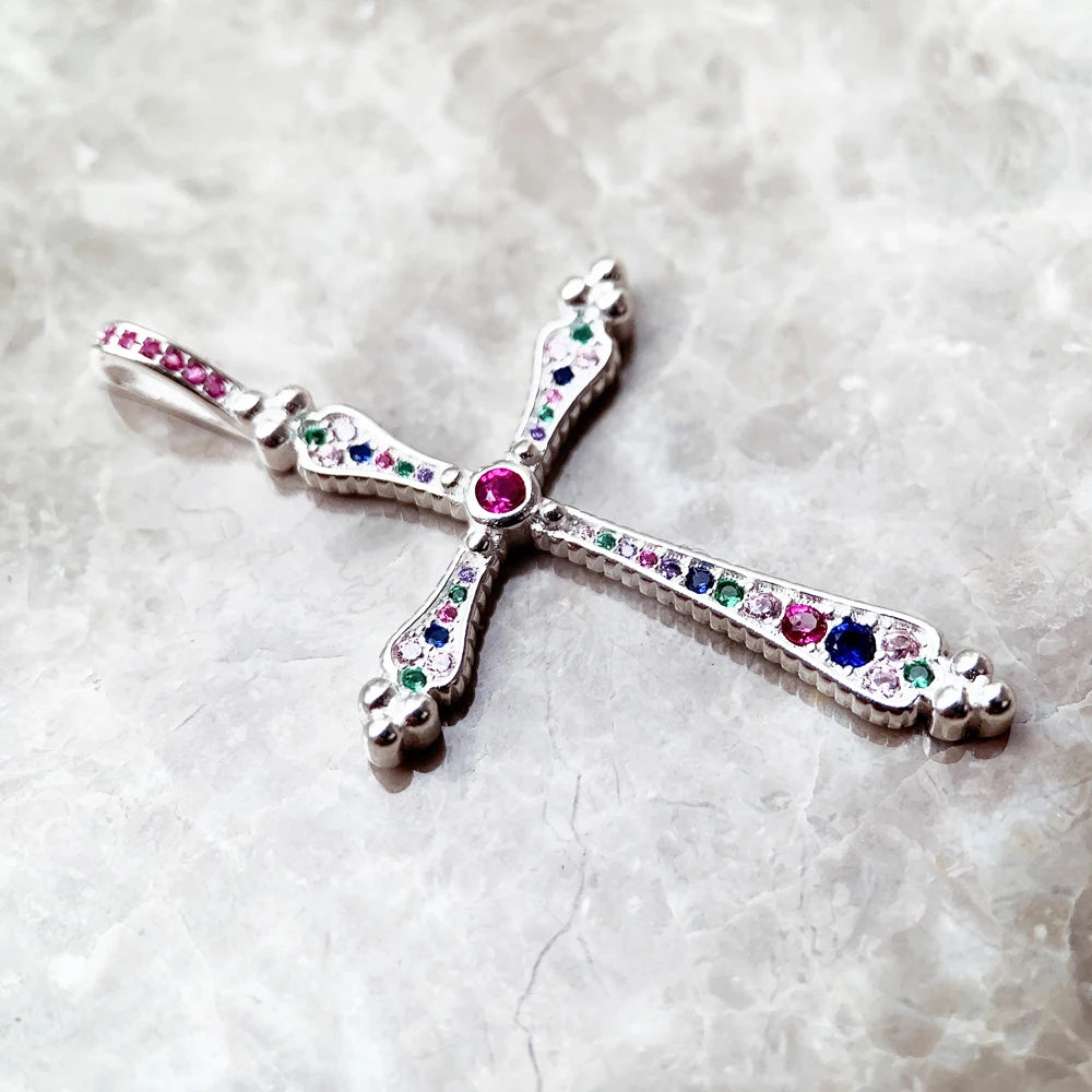 Royalty Cross Pendant in 925 Sterling Silver with Colorful Zircon Stones