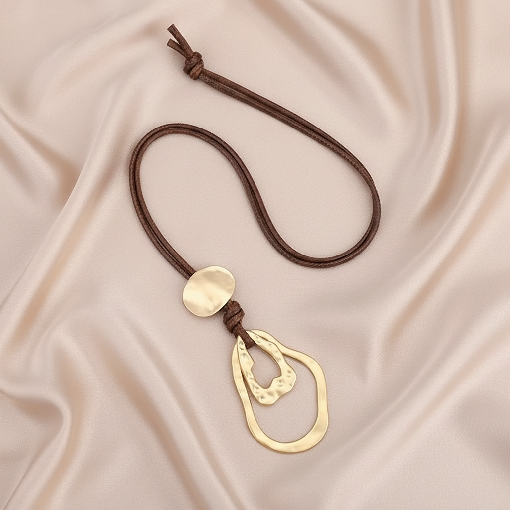Long Geometric Statement Pendant Necklace with Leather Rope