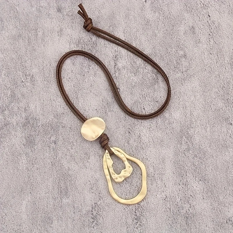Long Geometric Statement Pendant Necklace with Leather Rope