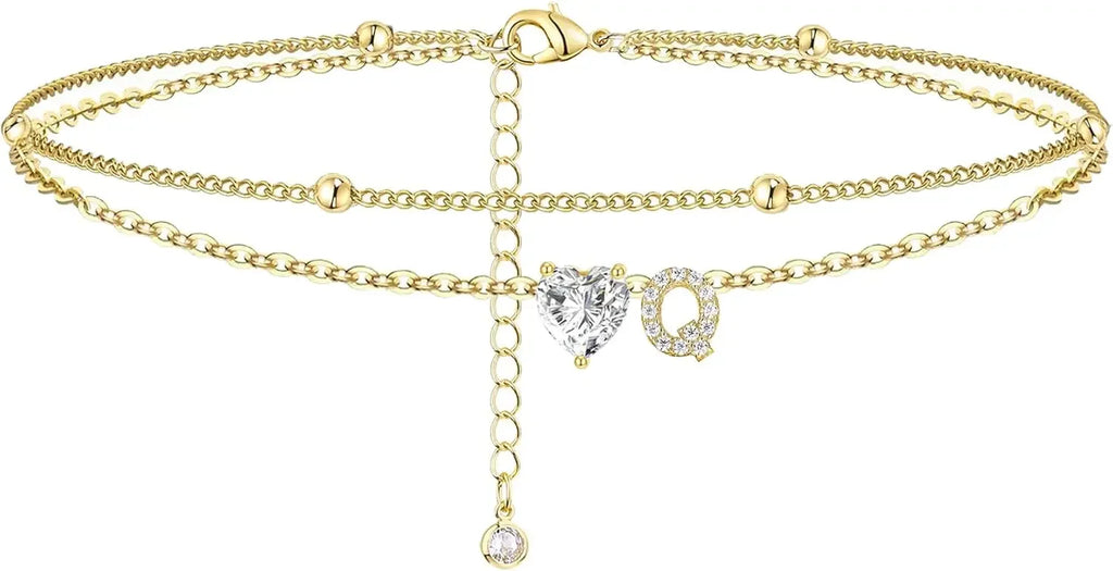 Initial 14K Gold-Plated Stainless-Steel Cubic Zirconia Heart Anklet