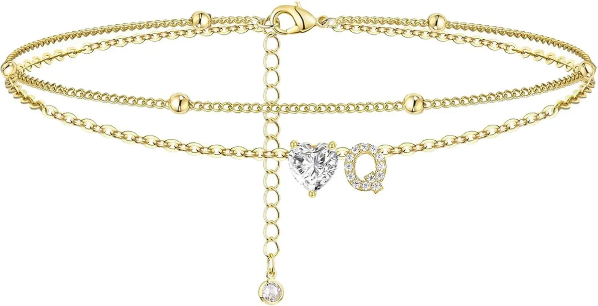 Initial 14K Gold-Plated Stainless-Steel Cubic Zirconia Heart Anklet