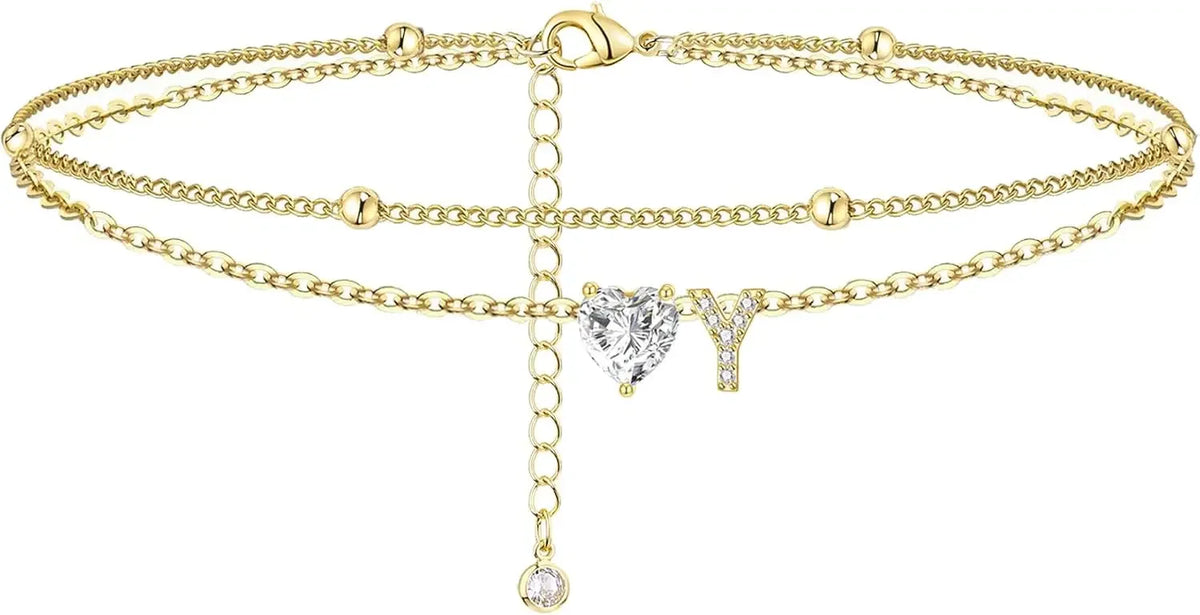 Initial 14K Gold-Plated Stainless-Steel Cubic Zirconia Heart Anklet