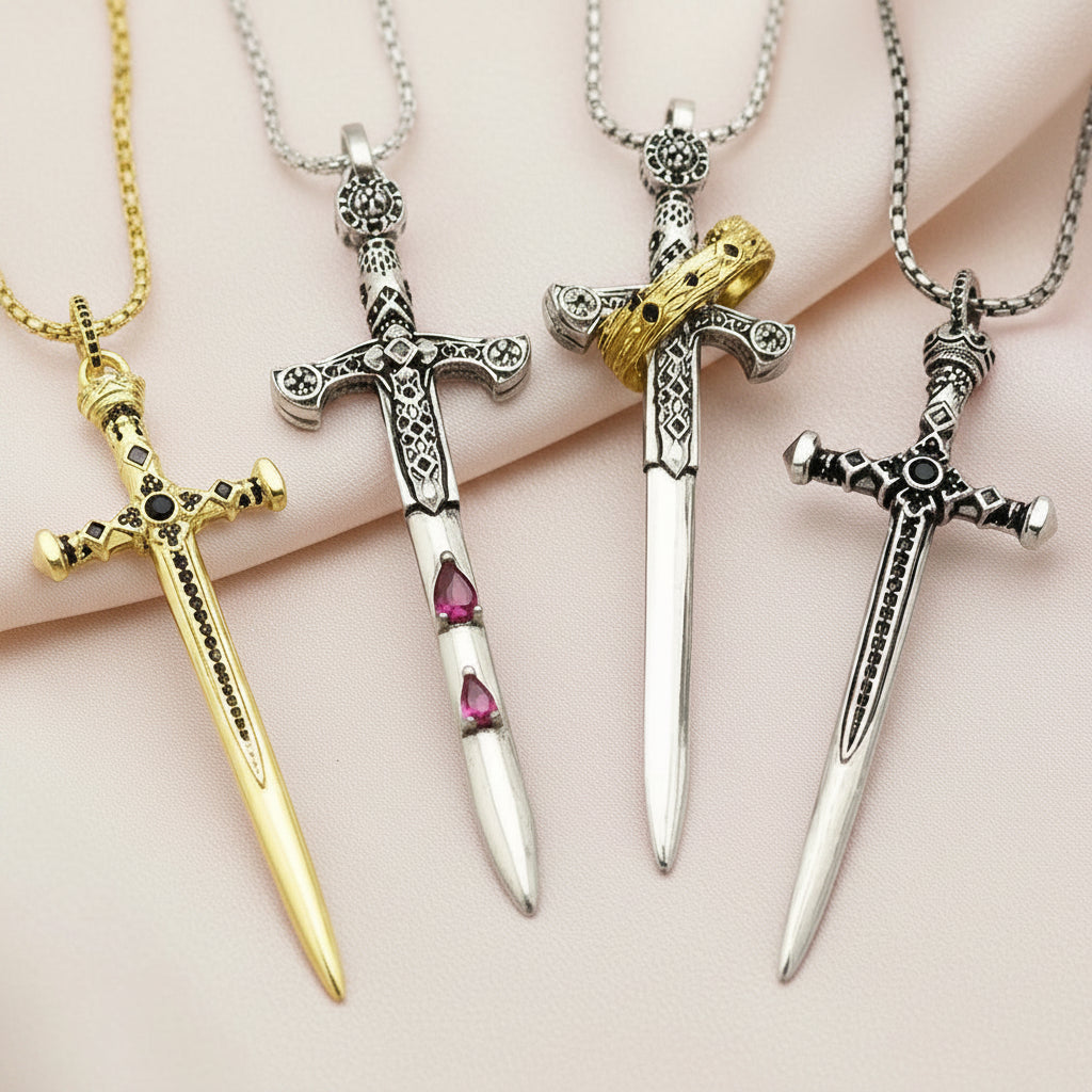 Sword Pendant Link Chain Necklace in 925 Sterling Silver