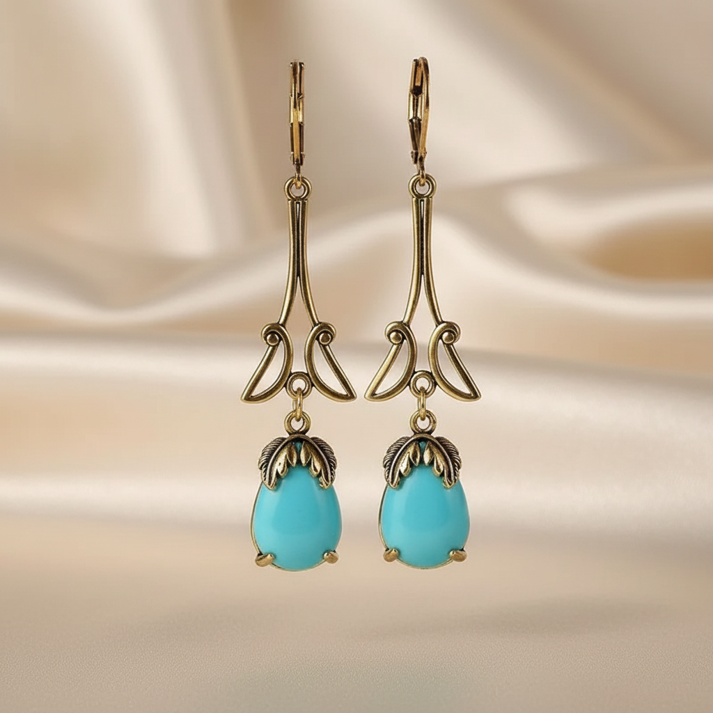 Vintage-Inspired Gold-Plated Alloy Drop Earrings with Resin Stones