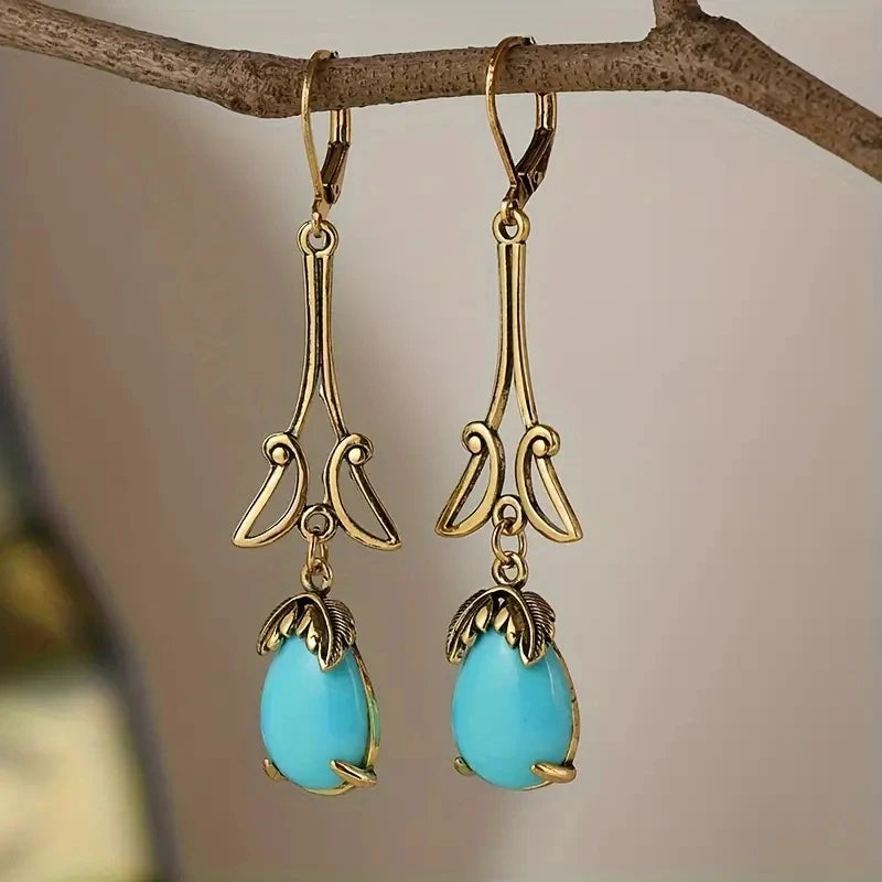 Vintage-Inspired Gold-Plated Alloy Drop Earrings with Resin Stones
