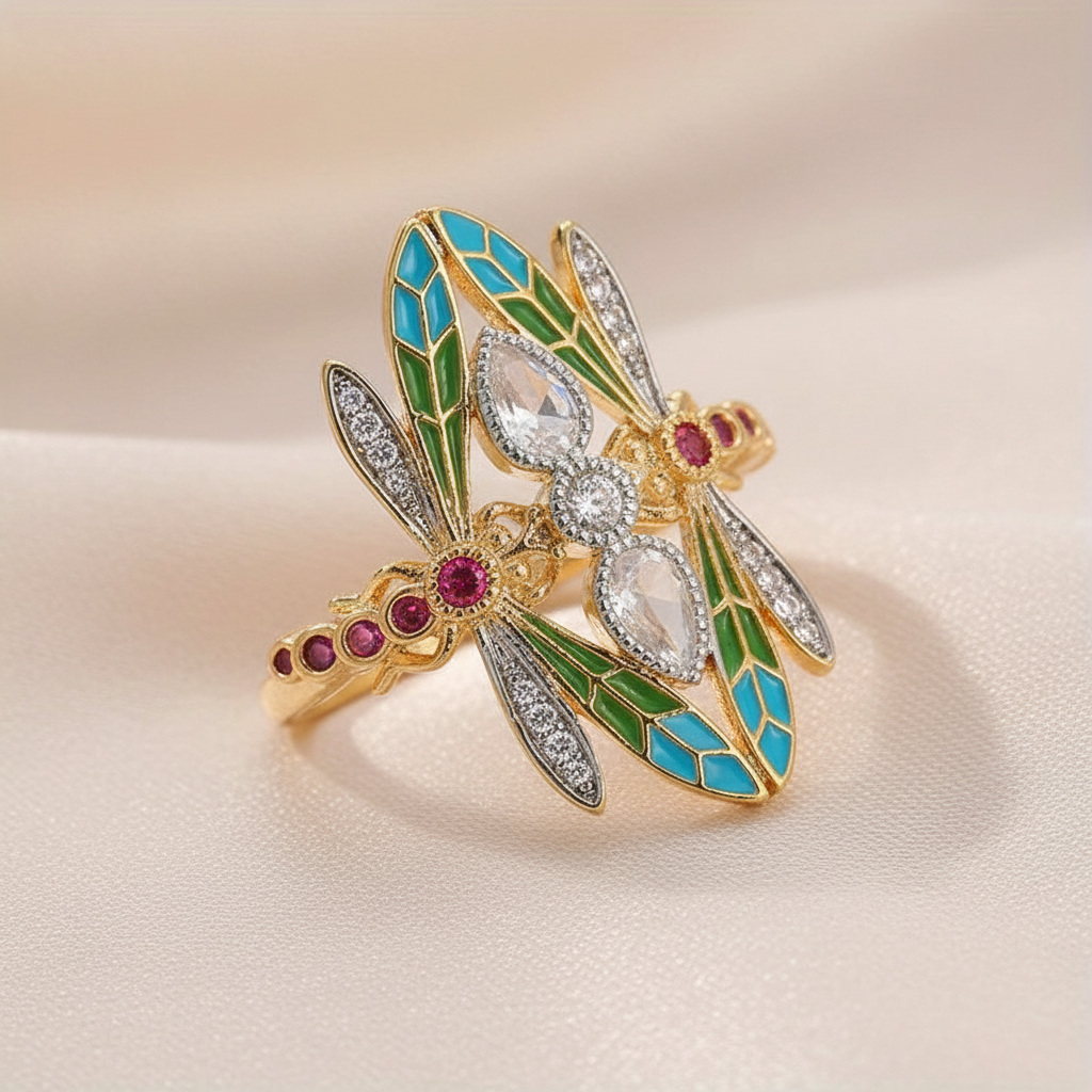 Vintage Dragonfly Ring with Multicolor CZ Crystal Accents
