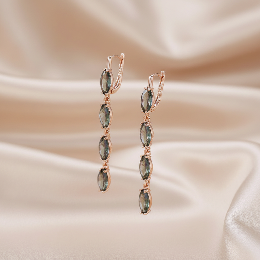 14K Rose Gold Plated Copper Long Dangle Earrings with Light Violet Zircons