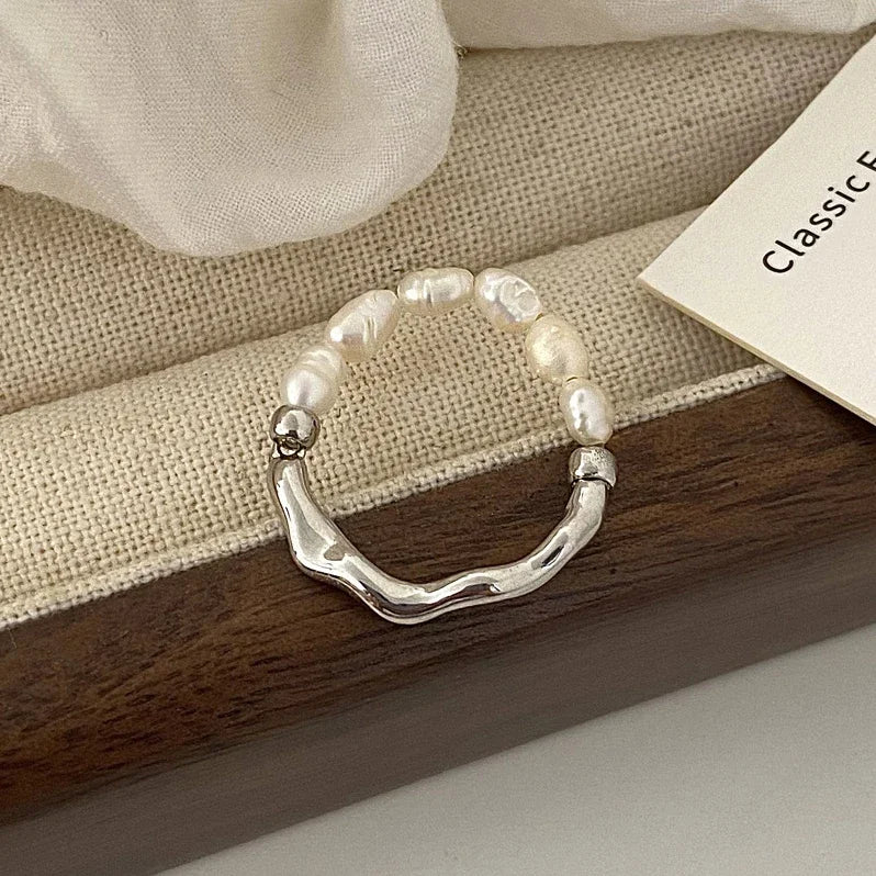 Natural Freshwater Pearl Elastic Rope Ring in Stainless Steel