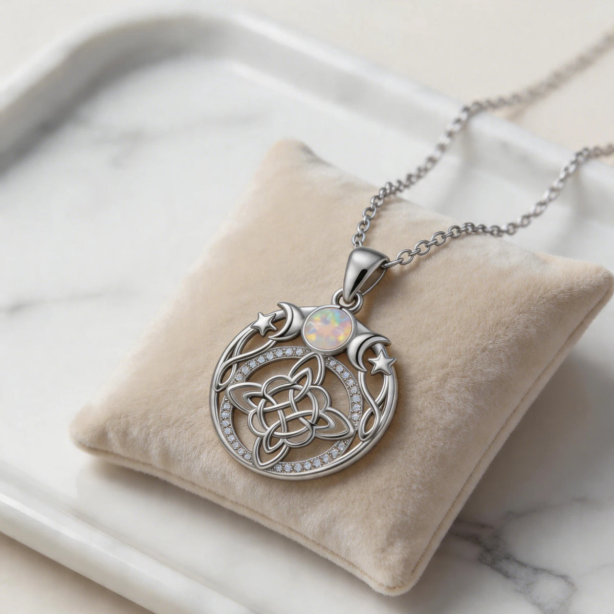 Triple Moon Goddess Opal Witch Knot Necklace