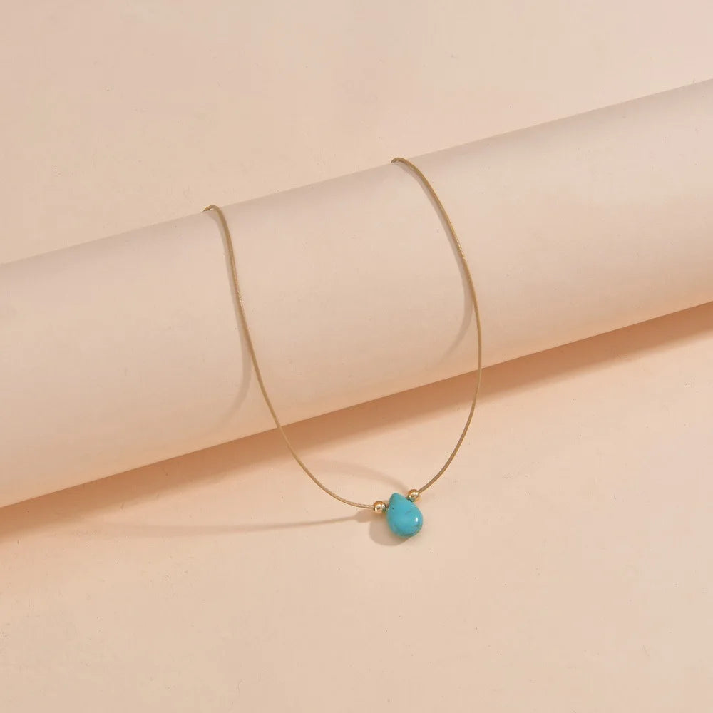 Boho Teardrop Turquoise Pendant Necklace in Stainless Steel