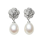 925 Sterling Silver Freshwater Pearl CZ Flower Drop Earrings