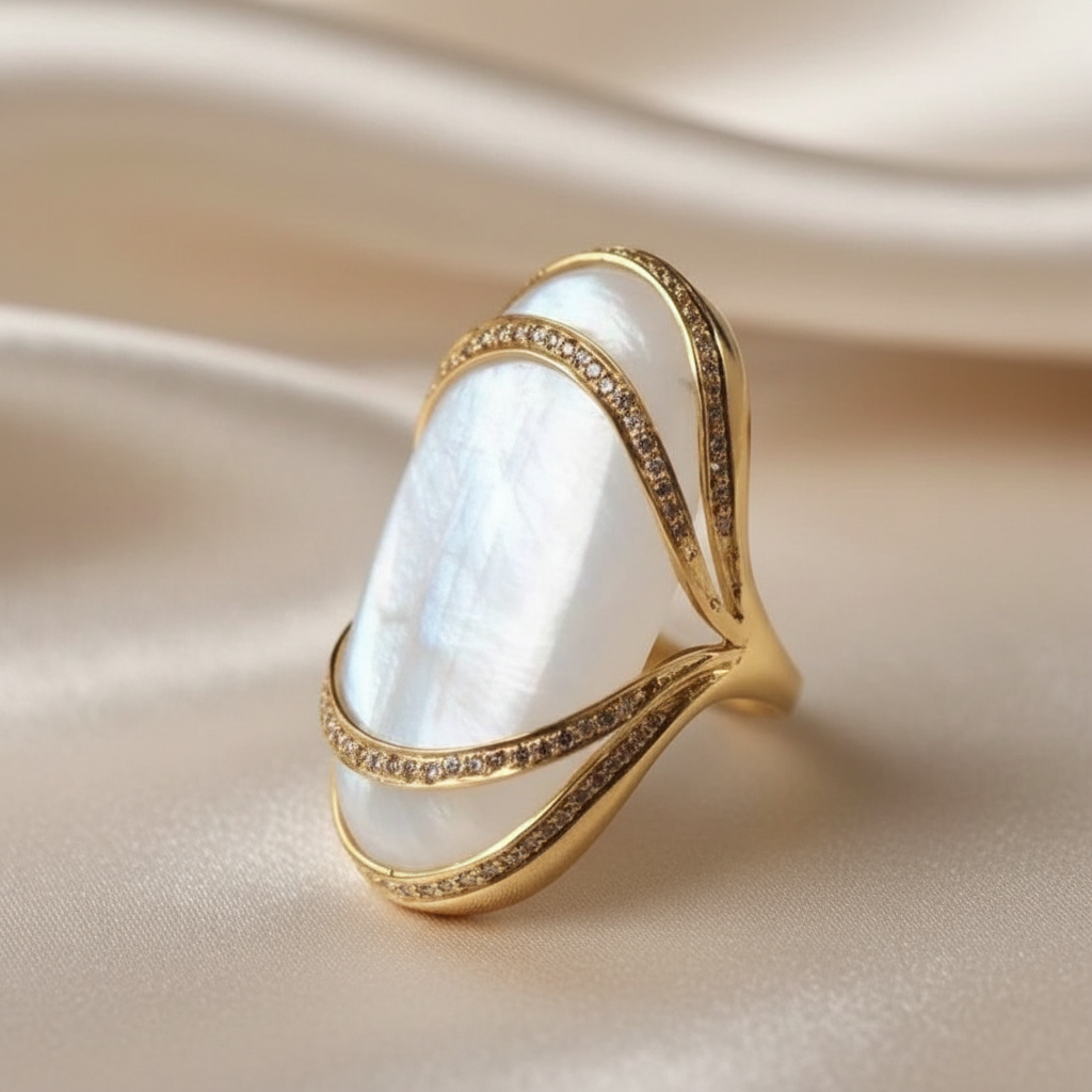 Bold Statement Brass Ring with Large White Faux Pearl & Zircon