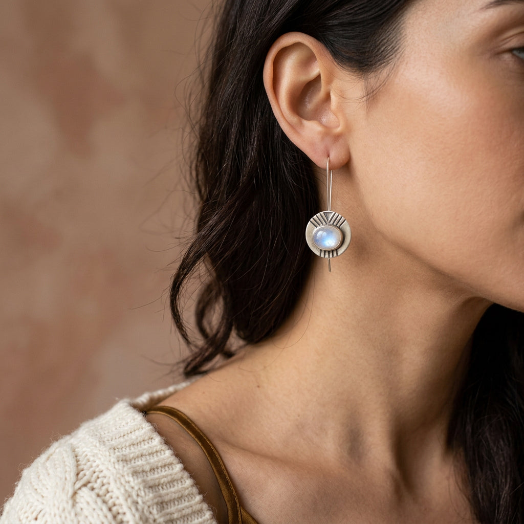 Vintage Moonstone Statement Earrings – Large Round White Stone Boho Design