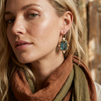 Retro Geometric Crystal Drop Earrings – Green & Blue Gems with Faux Pearls in Copper
