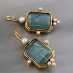 Retro Geometric Crystal Drop Earrings – Green & Blue Gems with Faux Pearls in Copper