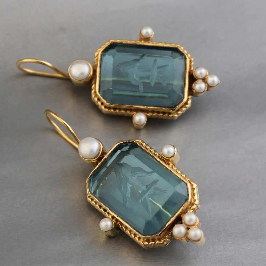 Retro Geometric Crystal Drop Earrings – Green & Blue Gems with Faux Pearls in Copper