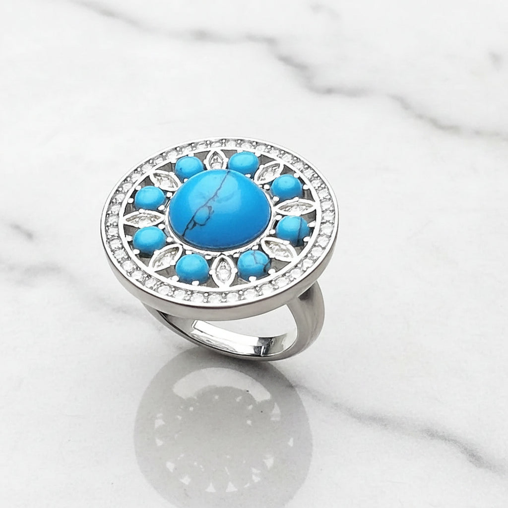 Round Ornament Ring in 925 Sterling Silver with Clear Zircons & Turquoise