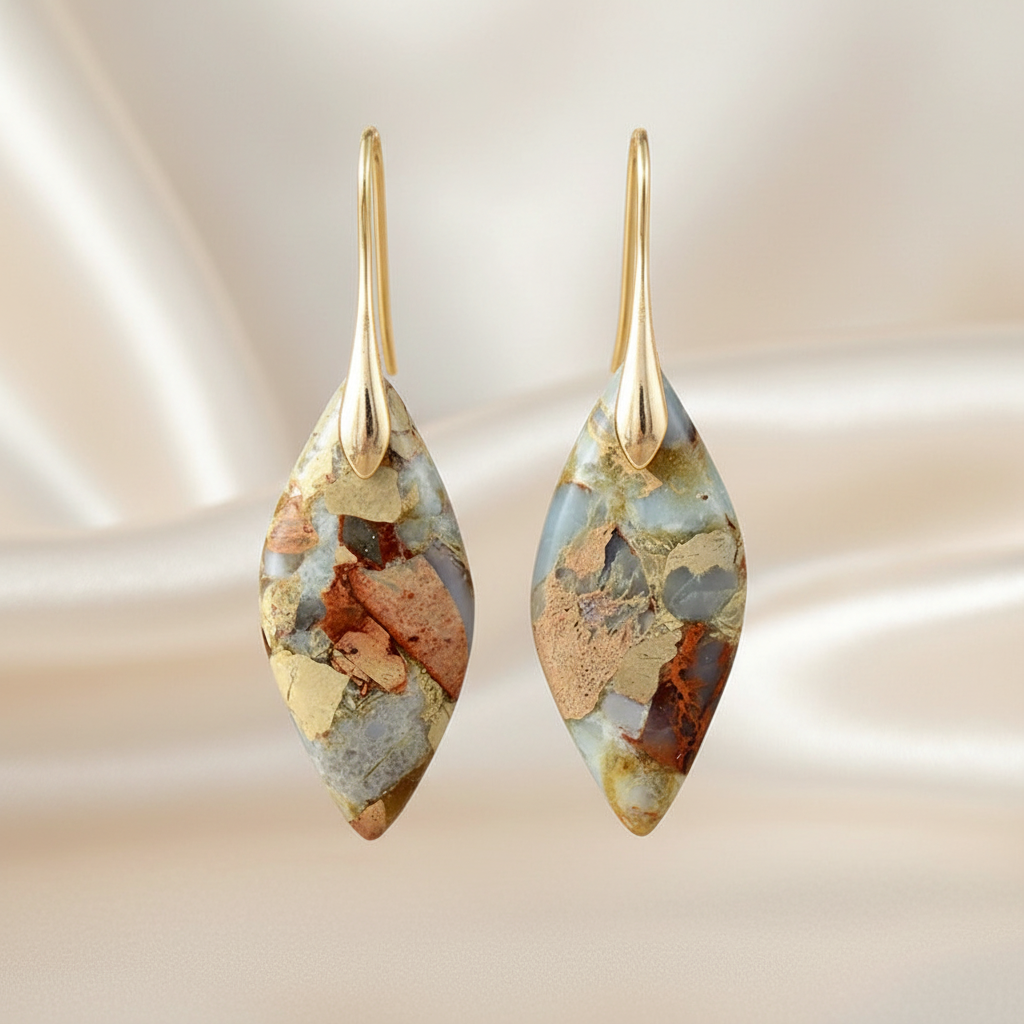 Bohemia Gold Plated Multicolored Natural Stone Leaf Drop Earrings