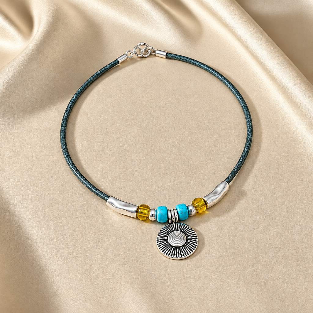 Boho Turquoise Round Pendant Leather Cord Necklace