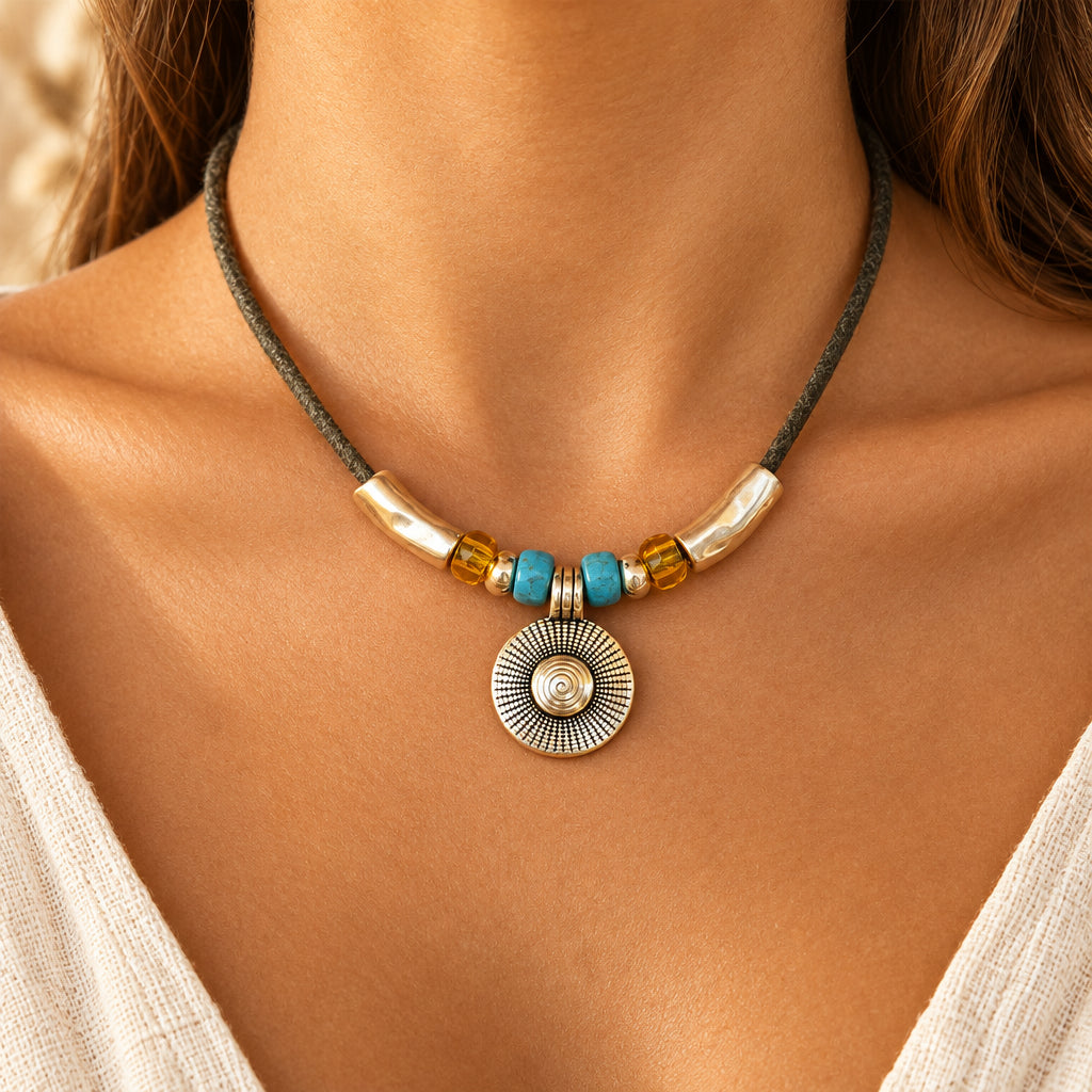 Boho Turquoise Round Pendant Leather Cord Necklace