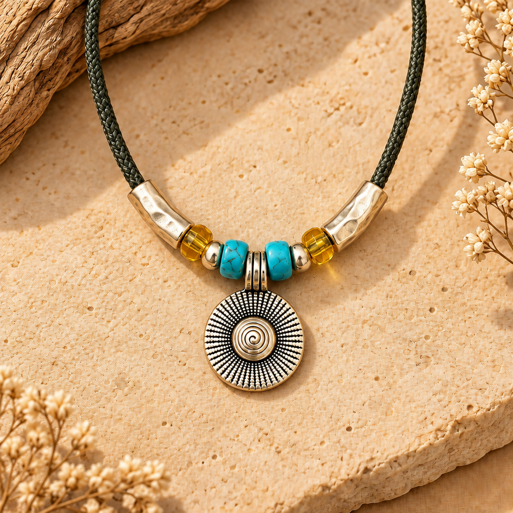 Boho Turquoise Round Pendant Leather Cord Necklace