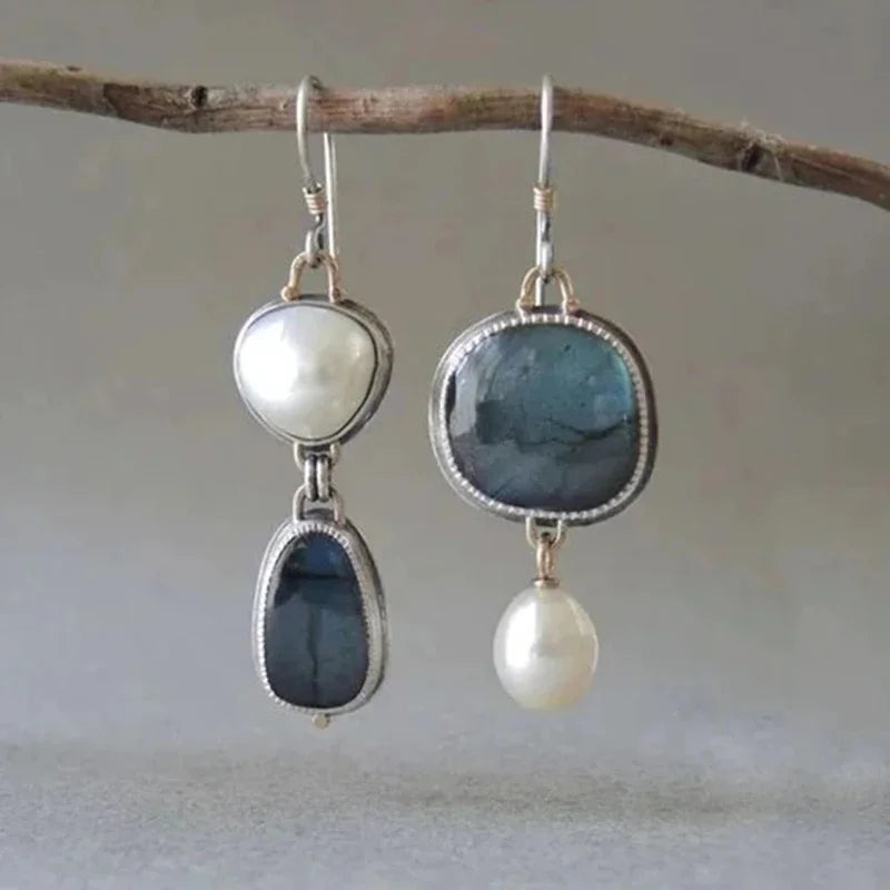 Bohemian Faux Pearl & Blue Stone Dangle Earrings in Alloy