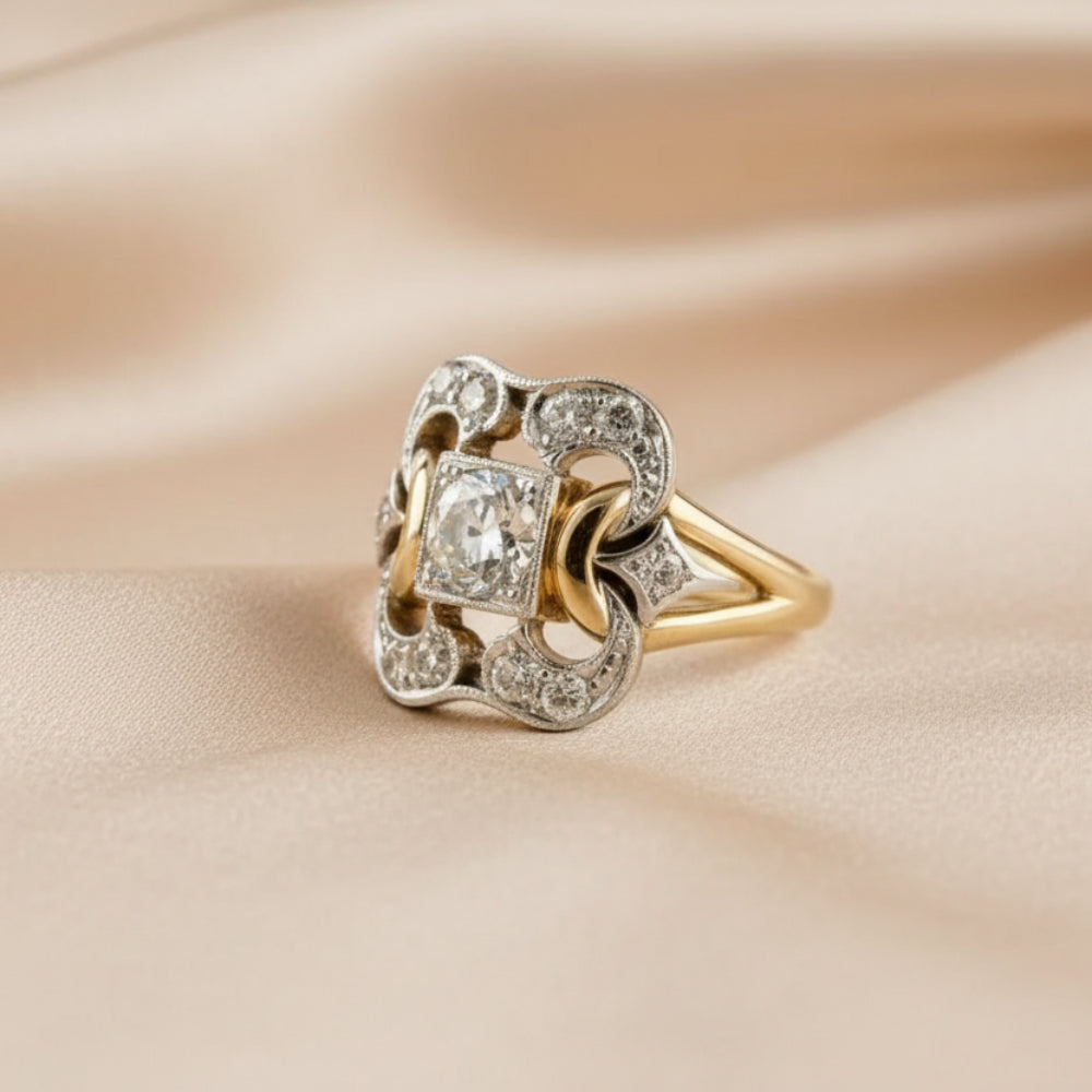 Geometric Two-Tone Zircon Stones Copper Ring - Antique Inspired, Royal, Bold