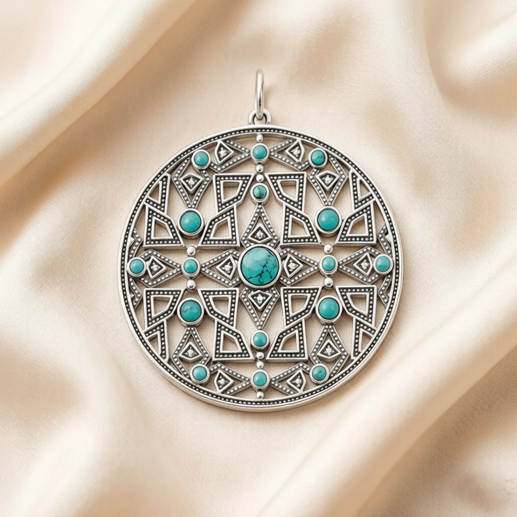 Large Round Ornament Pendant in 925 Sterling Silver with Turquoise Stones