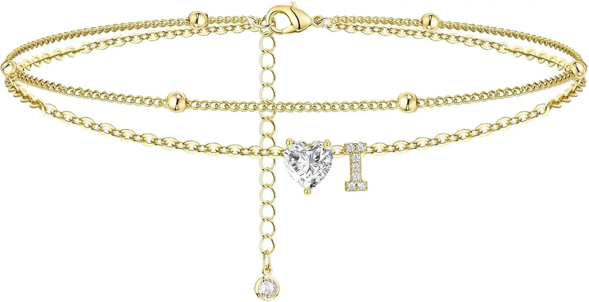 Initial 14K Gold-Plated Stainless-Steel Cubic Zirconia Heart Anklet