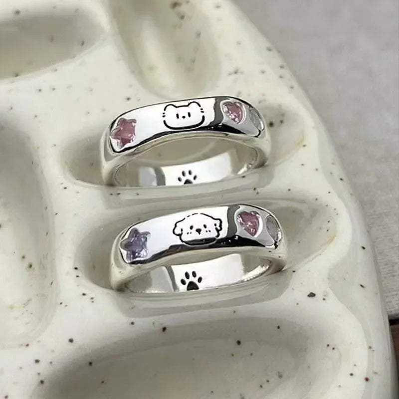 Cat & Dog Ring with Pink CZ Heart & Star - Buy a Set or Choose One, Made of Zink Alloy, Adjustable Size