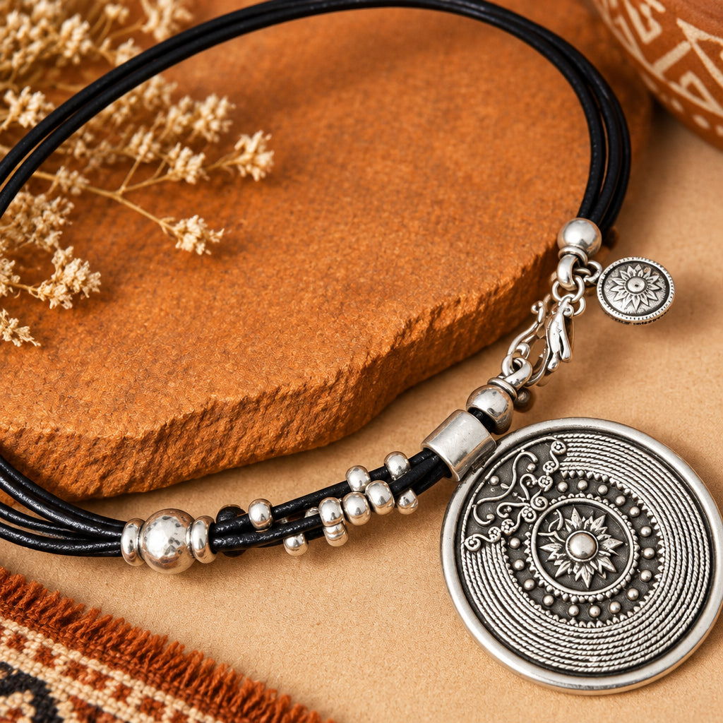 Vintage-Inspired Carved Floral Circle Pendant Necklace