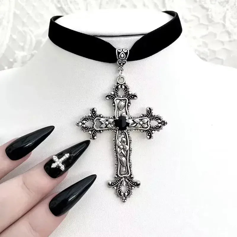 Vampire Goth Large Rhinestone Zinc Alloy Cross Ribbon Choker