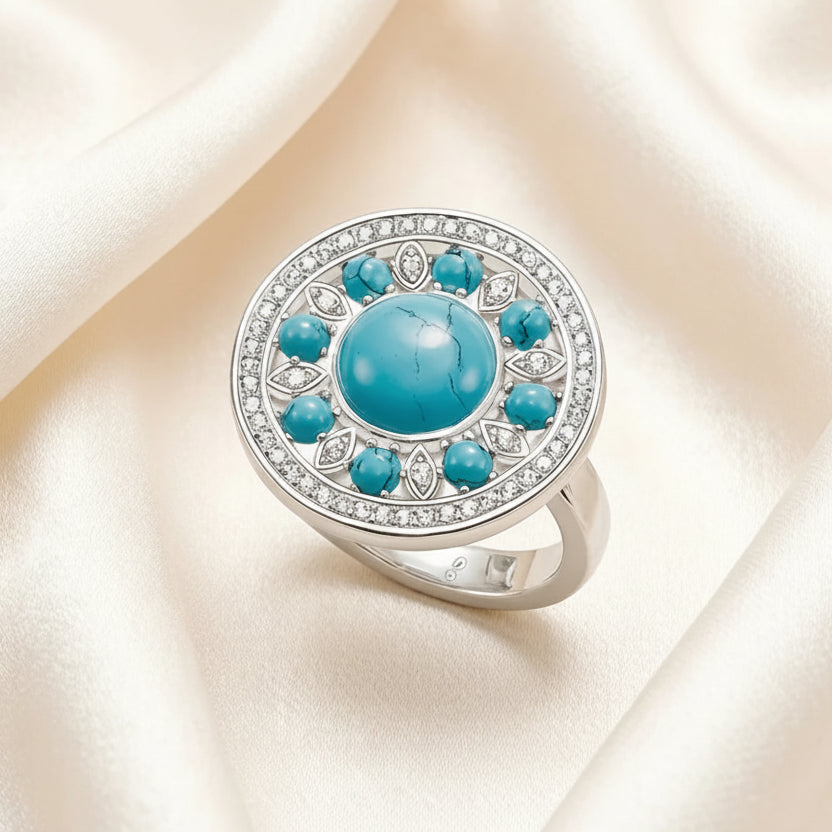 Round Ornament Ring in 925 Sterling Silver with Clear Zircons & Turquoise