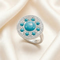 Round Ornament Ring in 925 Sterling Silver with Clear Zircons & Turquoise