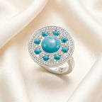 Round Ornament Ring in 925 Sterling Silver with Clear Zircons & Turquoise