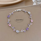 Pink/Purple Zircon Flower Leaf Silver Chain Bracelet in Copper - Elegant, Feminine