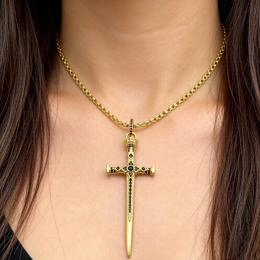 Sword Pendant Link Chain Necklace in 925 Sterling Silver