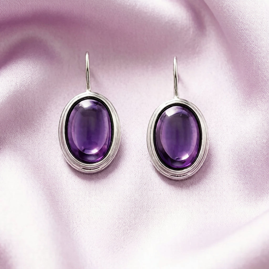 Petite Oval Drop Earrings in 925 Sterling Silver with Colorful Stone