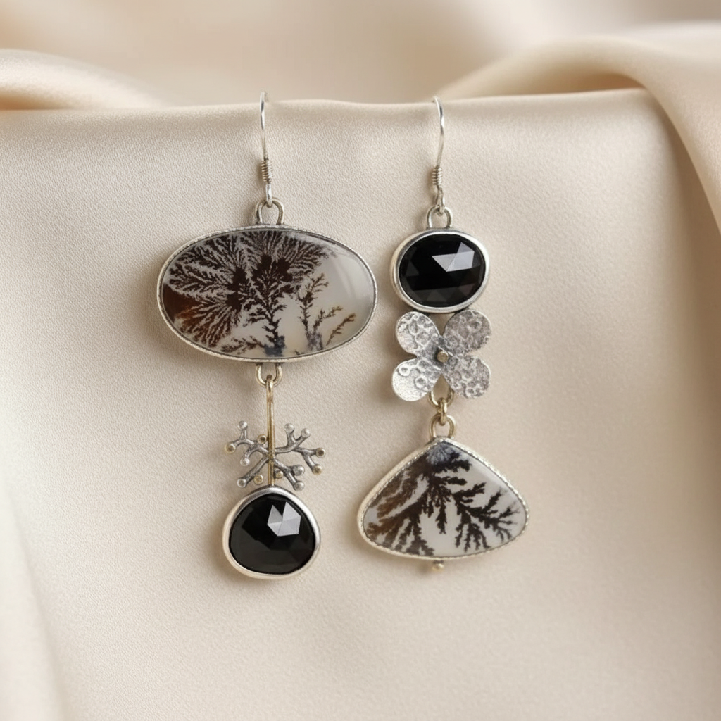 Nature-Inspired Asymmetrical Black Crystal Earrings in Zinc Alloy